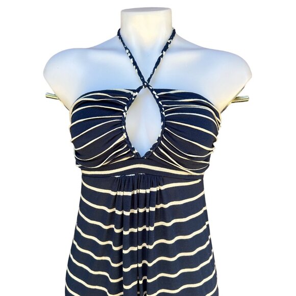 Tbags Los Angeles Halter Striped Blue White Key Hole Maxi Dress Size S - Picture 6 of 9